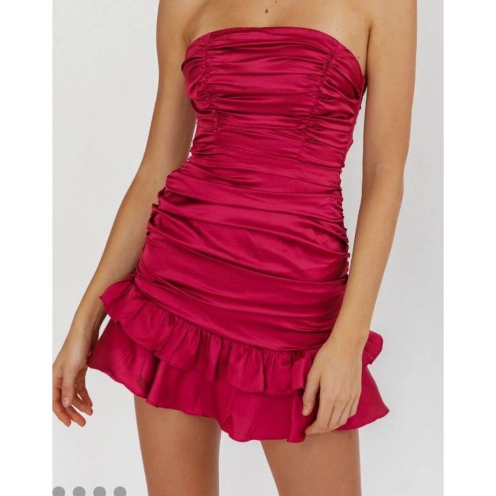 Selfie Leslie Mini Dress Sz XL Plum Strapless Tied Back Layer Frill Hem Ruched